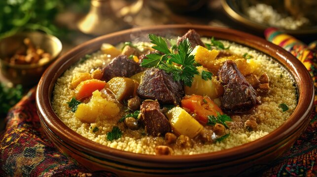 Algerian couscous served with slow-cooked lamb, vegetables, and broth, garnished with fresh parsley and cinnamon.