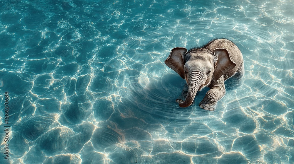 Poster a baby elephant standing in a water pool with its trunk emerging from the surface
