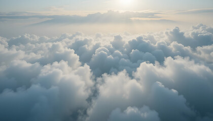 Fluffy White Clouds from Above with Sunlight Background for Aerial, Dreamy, and Serene Concepts