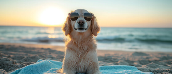 golden retriever wearing sunglasses sitting on beach background for summer
