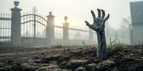 Emerging from the dark soil, a decaying zombie hand stretches toward a fog shrouded cemetery gate, evoking a chilling halloween atmosphere filled with horror and mystery
