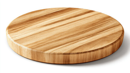 A round wooden cutting board with visible wood grain pattern sitting on a white surface in studio lighting