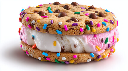 Ice cream sandwich with chocolate chip cookies and confetti coating, transparent background