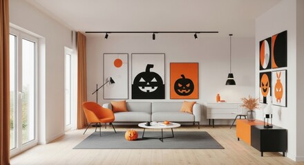 A modern living room is decorated for Halloween with pumpkin art, a carved pumpkin on the rug, and orange accents, creating a festive and stylish interior space.
