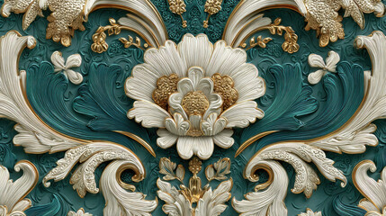Ornate floral pattern with gold accents on teal background with a central white flower motif