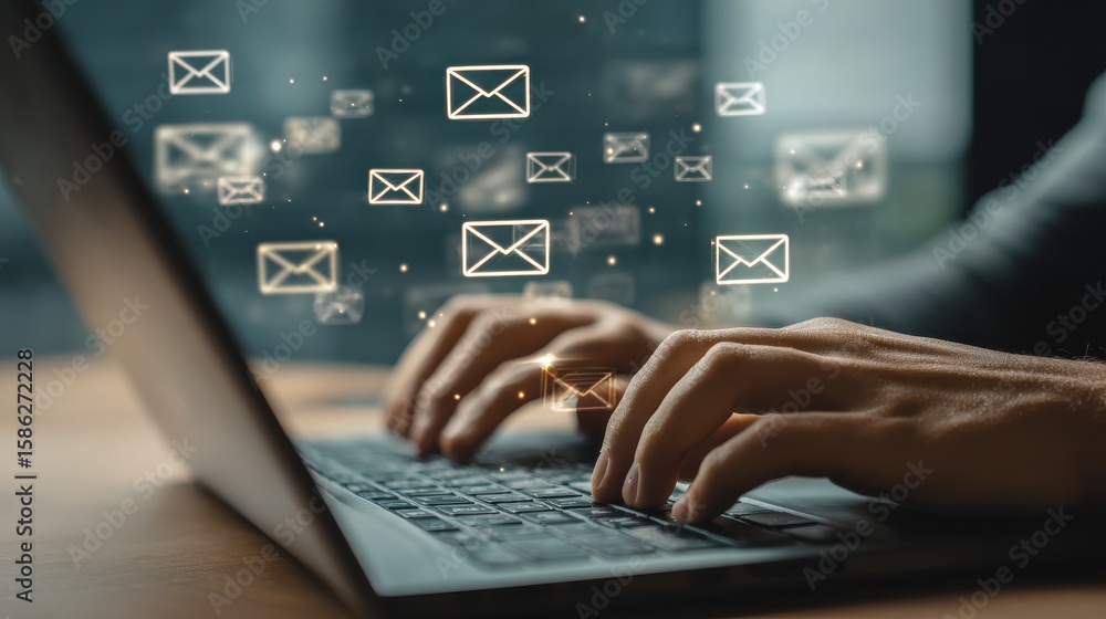 Poster background of email network system with hands on laptop, digital mail interface in modern tech works