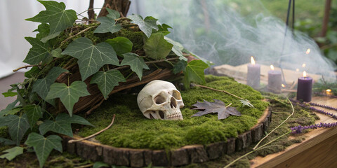 Realistic skull resting on green leaves, emitting subtle smoke, creating a spooky halloween centerpiece with a burning purple candle and dried herbs on a wooden slice