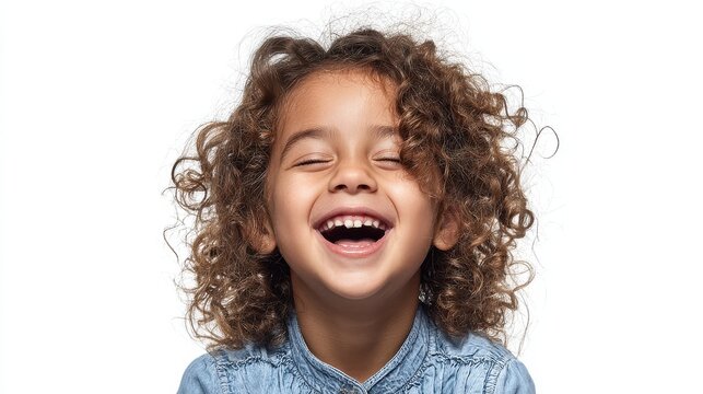 Portrait of a happy kid smiling and laughing, isolated on white background.