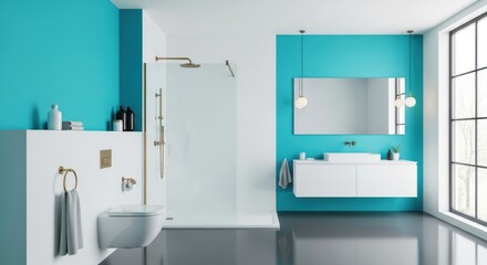 A modern bathroom design showcases a sleek shower, toilet, and vanity against a vibrant turquoise wall, complemented by minimalist fixtures and a bright, airy ambiance.