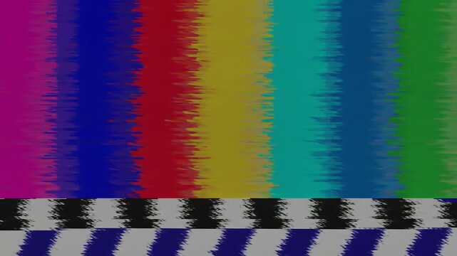 Retro SMPTE color bars with heavy VHS glitch effect, vintage television test pattern with analog static distortion, classic TV signal error screen 4K Video