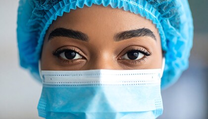 Close-up of a woman wearing a medical cap and mask (1)