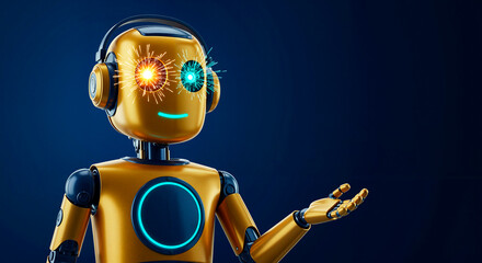 Friendly robot on a dark background with space for text. High tech, innovation, assistant, support service 