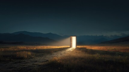 Light shining trough open door in field landscape at night, concept of new goals and progress.