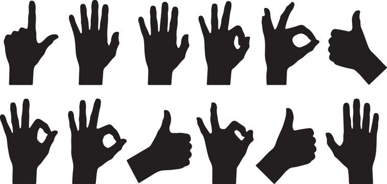 Black hand gestures showing various hand signs like thumbs up O K and counting on white background