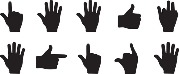 Black hand gestures silhouette set including pointing thumbs up and open palm on white background