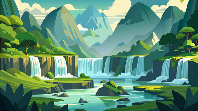 Ban Gioc Waterfall, Cao Bang, Vietnam – Cascading waters descend in multiple tiers. Surrounded by lush greenery, this serene natural wonder blends power and peace for a richly detailed vector backdrop