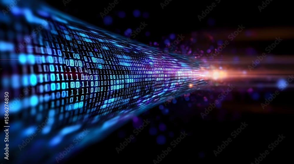 Poster digital binary code stream flowing through cyberspace with glowing blue and purple light effects aga