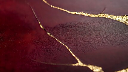 Elegant burgundy leather texture with decorative gold kintsugi-style cracks and veins creating luxurious pattern on dark red surface. For luxury branding and design projects.