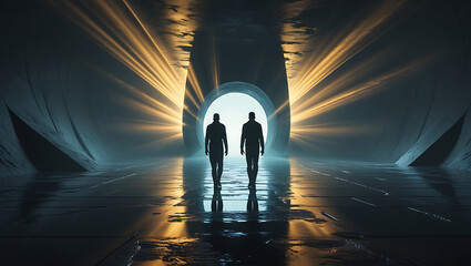 Silhouettes of people in a dark, futuristic tunnel with glowing neon lights, walking towards a bright doorway. Concept of sci-fi, mystery, and an unknown journey