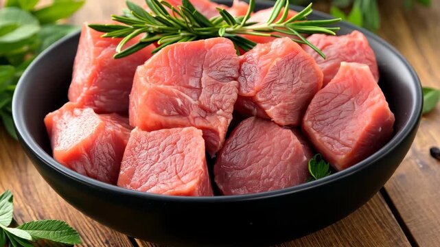 Fresh chunks of meat with herbs sit in a bowl, perfect for creating flavorful dishes and delightful meals at any time