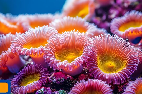 Vibrant pink and orange zoanthid coral polyps in macro photography showing detailed texture of marine life against deep blue background, suitable for nature publications.