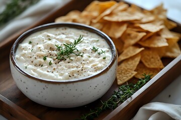 Creamy white dip garnished with fresh dill and black pepper in ceramic bowl, served with crispy tortilla chips on wooden serving tray, appetizer styling.