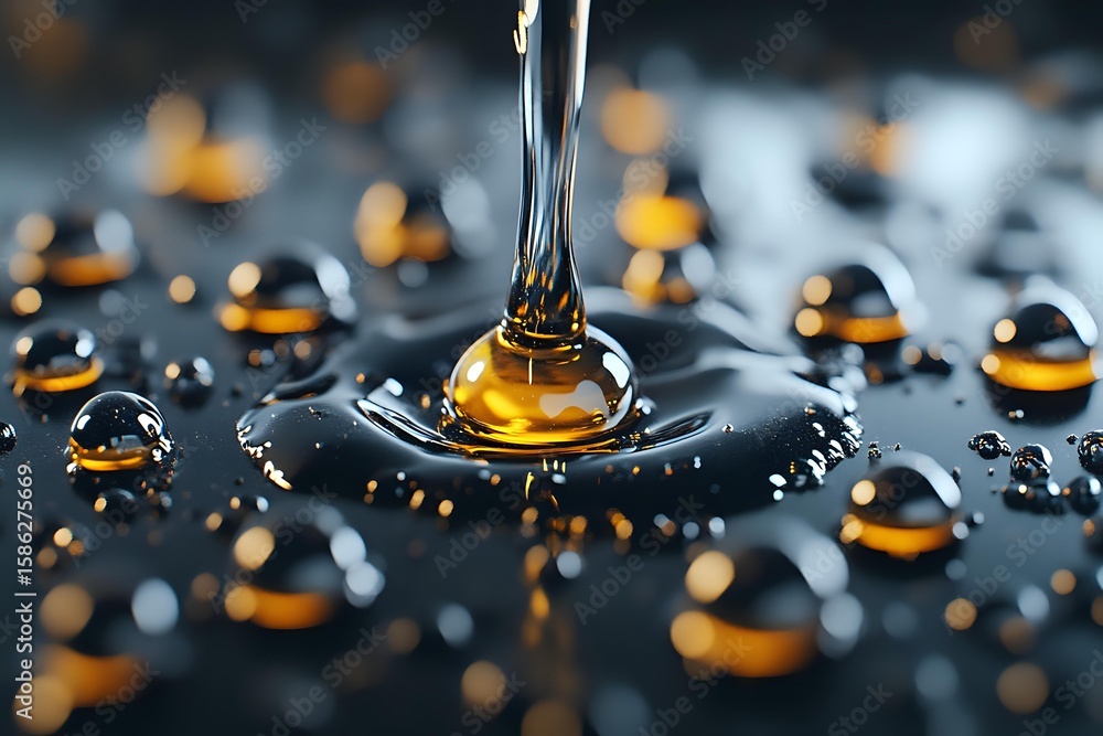Poster liquid drop splash creating crown formation with golden spherical droplets on dark surface, dramatic