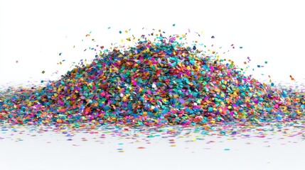 Colorful pile of confetti on a white background. The confetti is in various colors and sizes