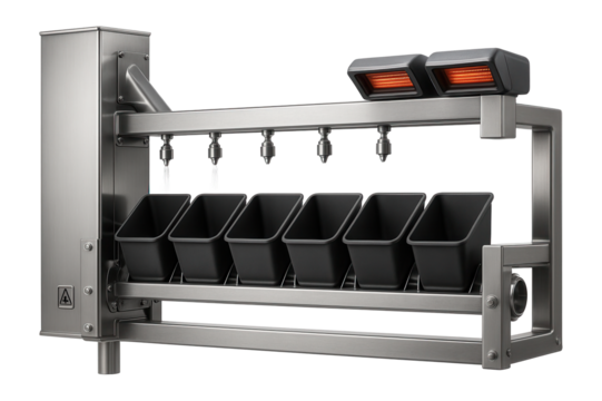 Bucket conveyor with integrated rinse nozzles and heat lamps for washing and drying bulk grains in a grain processing facility