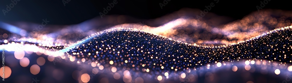 Poster glowing wave of sparkling particles flowing on dark background with bokeh lights and magical dust ef