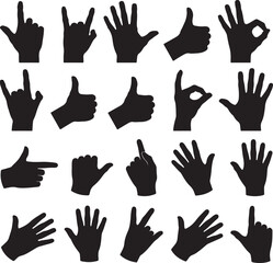 Black hand gestures silhouettes on white background including pointing thumbs up and rock on signs