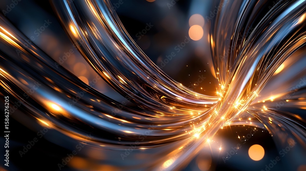 Poster glowing golden light streams and sparks flow in curved lines against dark background creating dynami