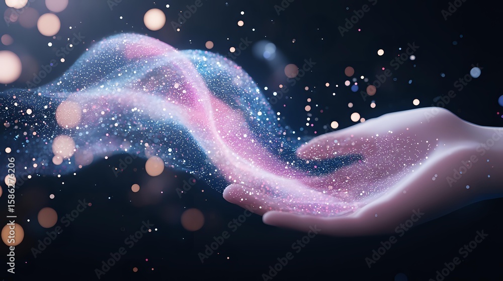 Poster glowing magical wave flowing above female hand silhouette against dark background with sparkles and 