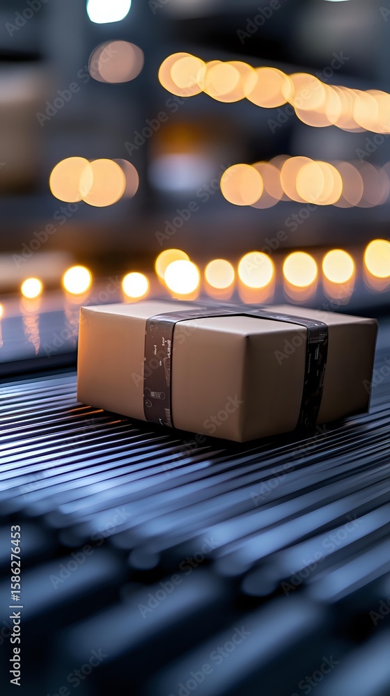 Poster brown cardboard package on conveyor belt with blurred bokeh lights in background, creating atmospher
