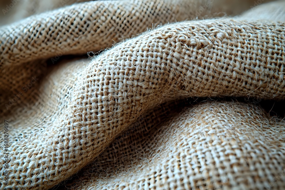 Aufkleber natural burlap fabric with textured weave pattern in beige and brown tones, macro close-up showing d