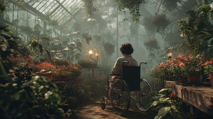 Woman in a Wheelchair Tending to Plants in a Greenhouse