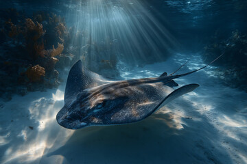 Graceful stingray gliding over soft sands in tranquil underwater paradise
