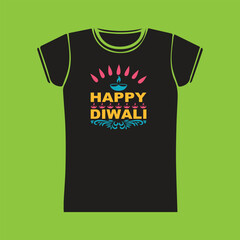 Happy Diwali T-shirt design with colorful diya illustration, Indian tadeonal celebration ,