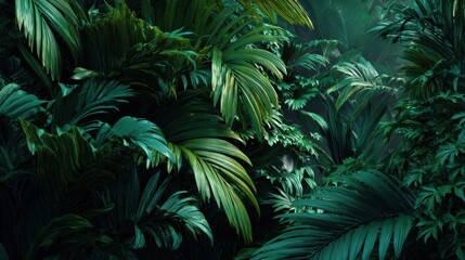 A backdrop of tropical plants in full green, in the style of moody monotones. Generative AI.