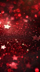 Sparkling red glitter background with bokeh lights creates a festive Christmas atmosphere, enhanced by scattered stars for a magical holiday season