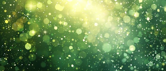 Sparkling confetti and bokeh lights create a dreamy, magical background with vibrant green hues, perfect for festive designs that evoke celebration and enchantment