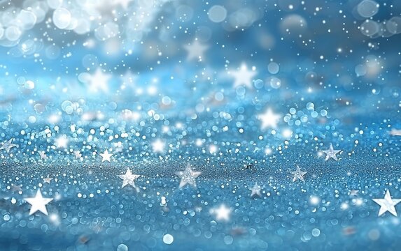 An enchanting display of bokeh lights and sparkling glitter, the blue background accented by shining stars creates a magical, dreamy scene