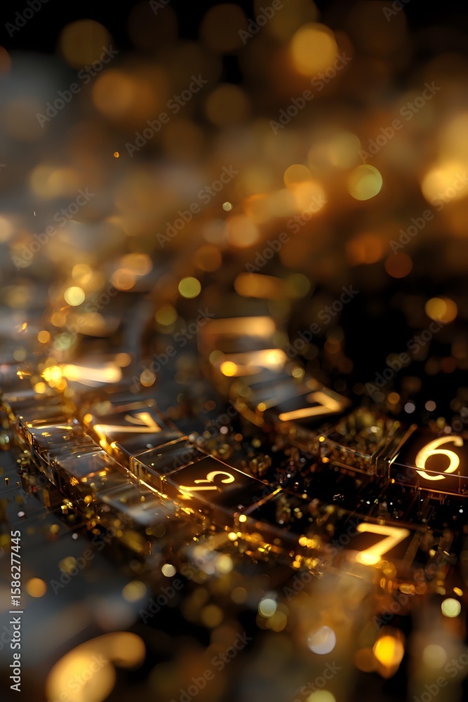 Poster Golden glowing numbers on calculator keypad with bokeh light effects and shallow depth of field creating magical financial atmosphere.