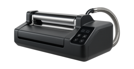 Vacuum packaging system with an integrated cutting mechanism for customized textile packaging in a tailoring factory.