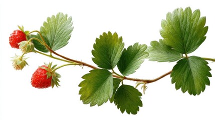 Delicate strawberry branch with isolated leaves on white background, leaves, green