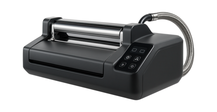 Vacuum packaging system with an integrated cutting mechanism for customized textile packaging in a tailoring factory.