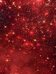 Festive background in shades of red, scattered with glowing particles and radiant stars, creates an atmosphere of celebration and shimmering glamour