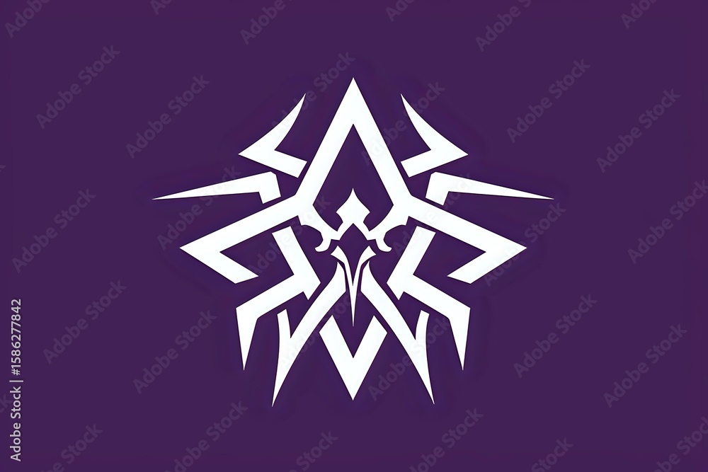 Poster white geometric tribal butterfly shape on purple background, abstract symmetrical design with sharp 