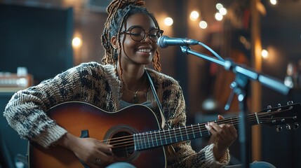 A young woman with dreadlocks smiles while singing and playing an acoustic guitar in a dimly lit room
