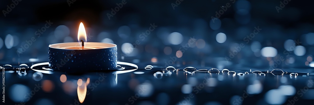 Poster burning candle with reflection on dark blue background with water drops and bokeh lights creating pe